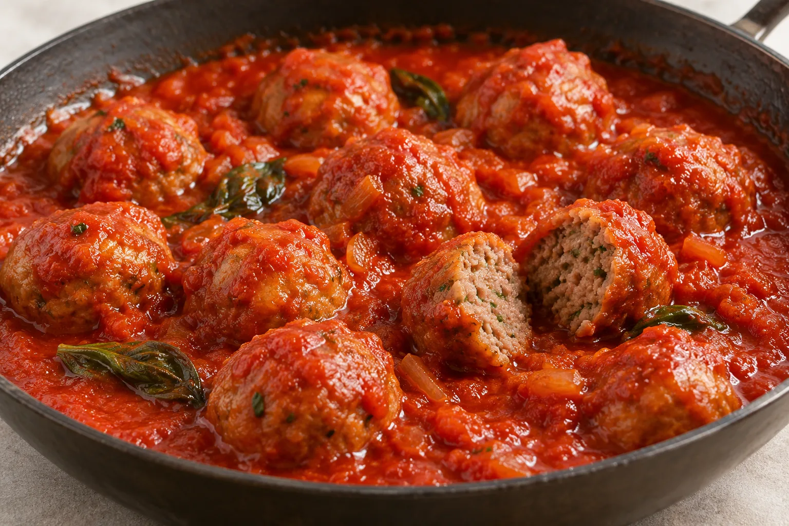 Polpette di carne immerse nel sugo di pomodoro in una padella
