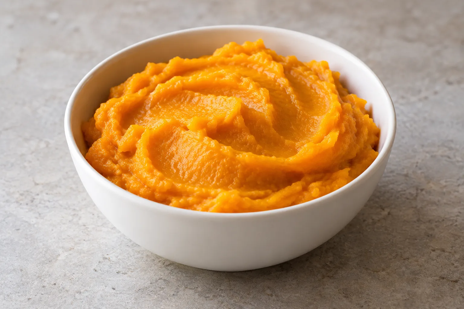 Gładkie pomarańczowe puree z pieczonej dyni w białej misce