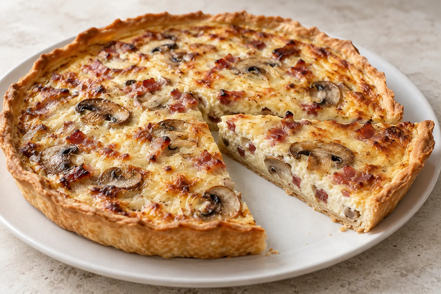 Quiche dorée aux lardons et champignons, avec une part découpée montrant la garniture et la pâte fine