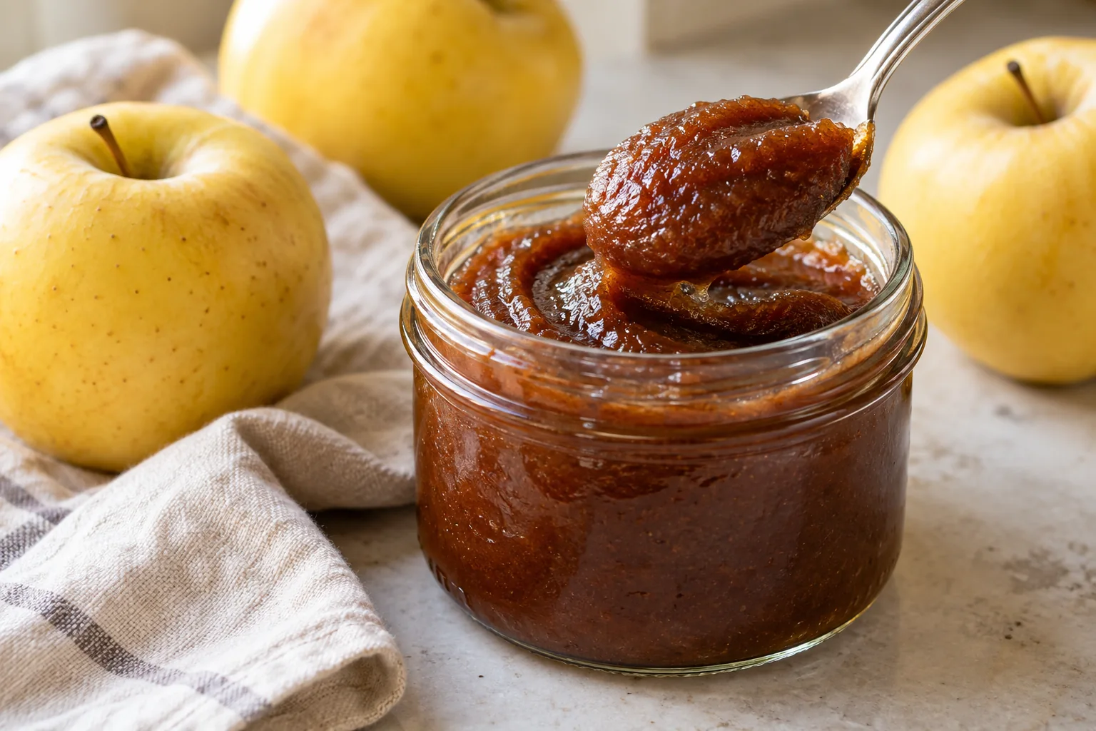 Thick brown apple butter in a glass jar with Golden Delicious apples and a spoon