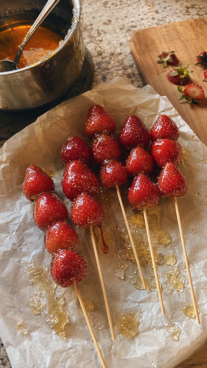 Strawberry tanghulu skewers coated in a glossy clear sugar shell
