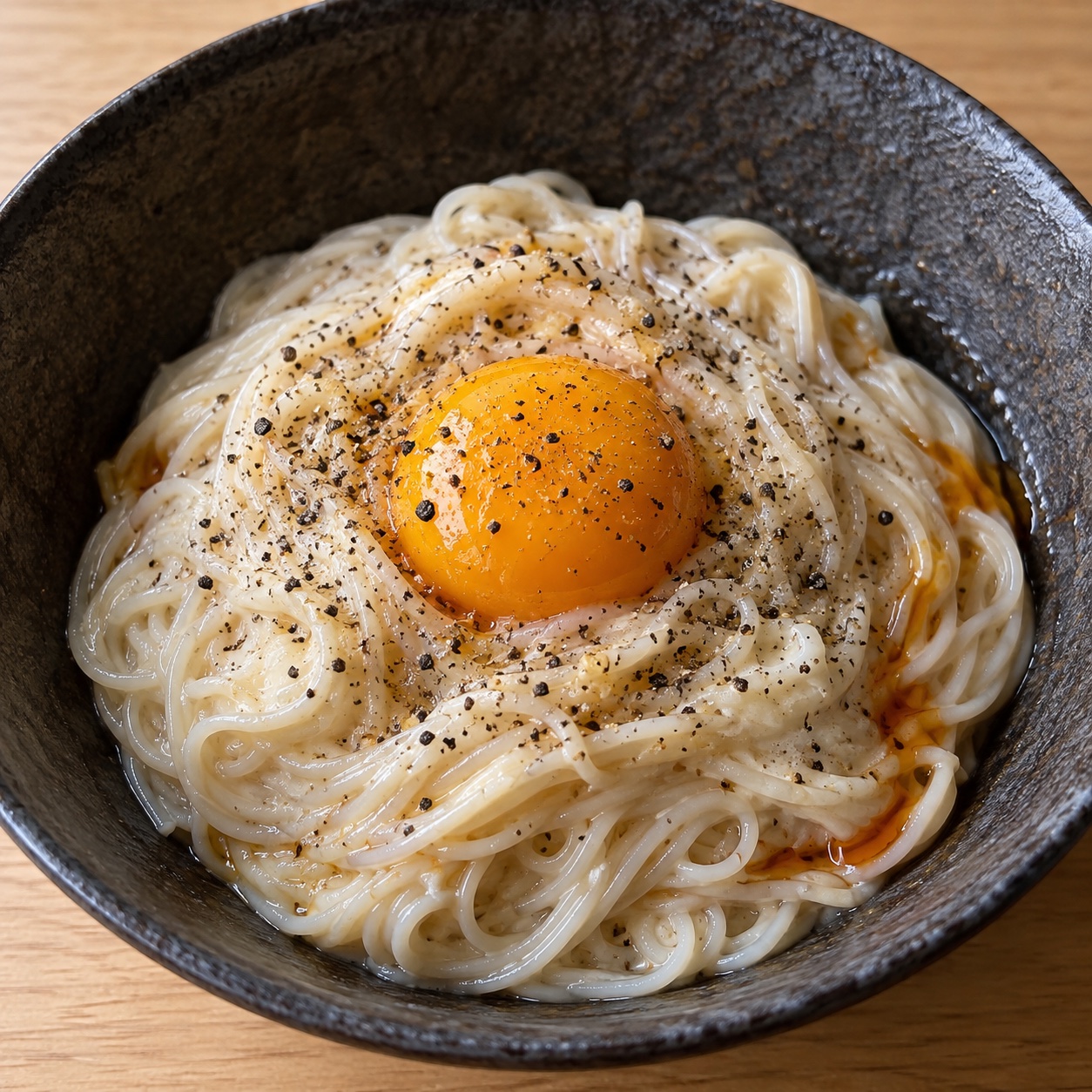 黒い器に盛った濃厚たまごそうめん、中央に卵黄をのせ黒こしょうを振った仕上がり