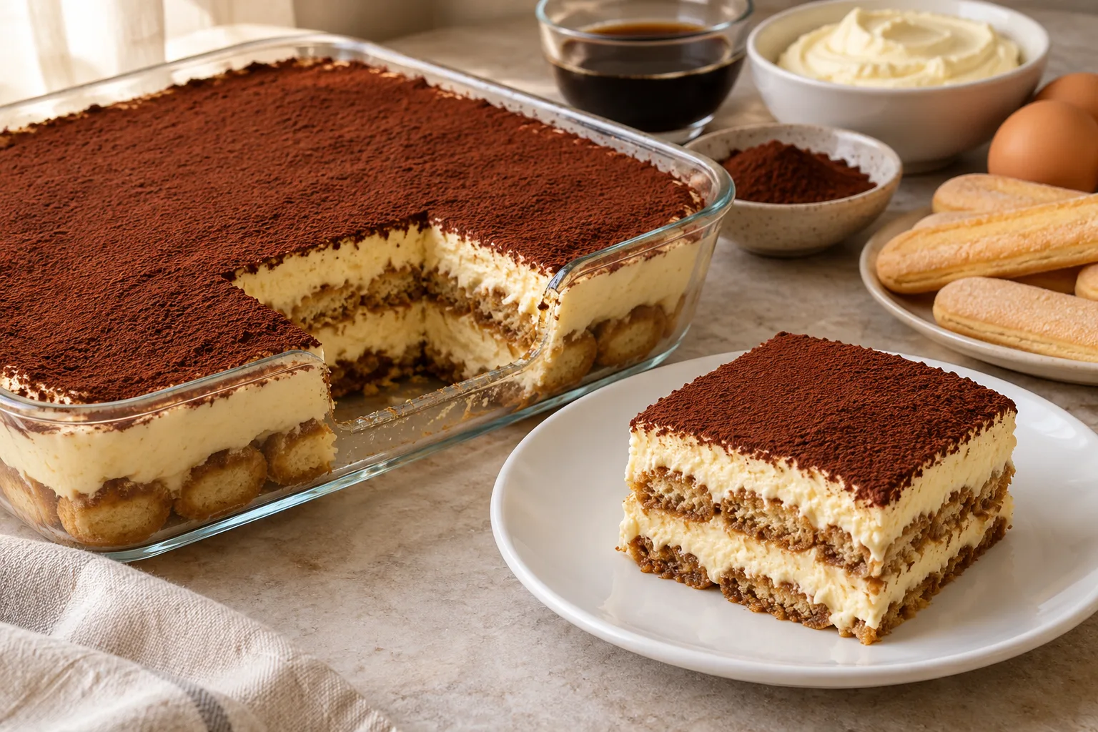Tiramisù con strati di savoiardi al caffè, crema al mascarpone e cacao