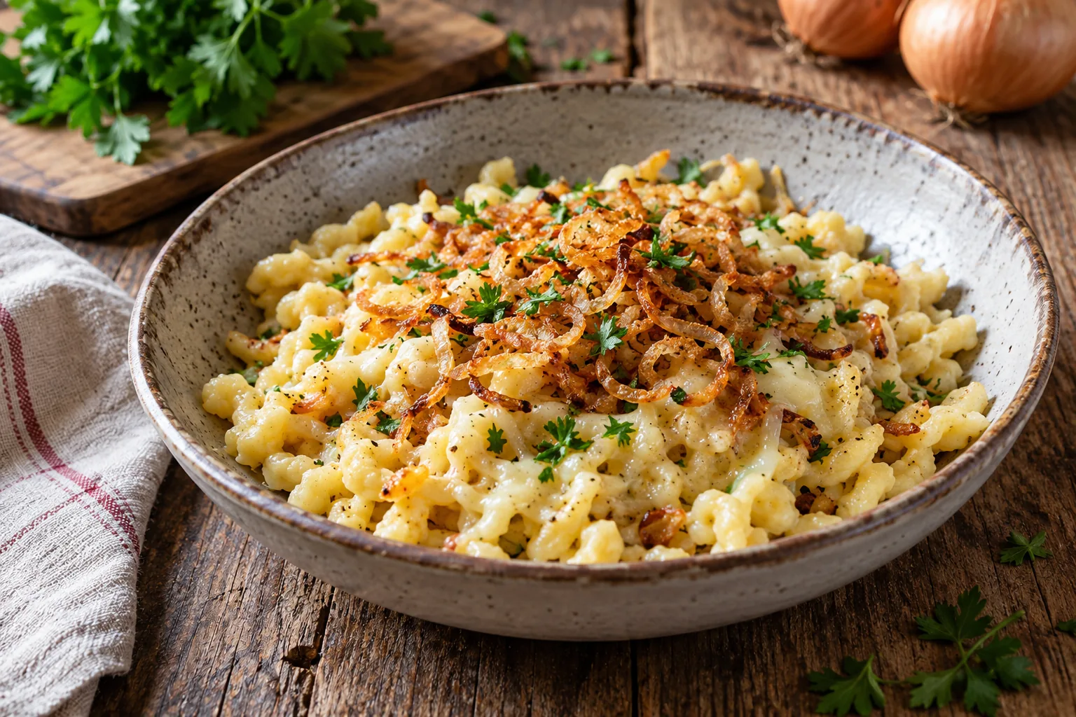Tiroler Käsespätzle mit Röstzwiebeln und Petersilie