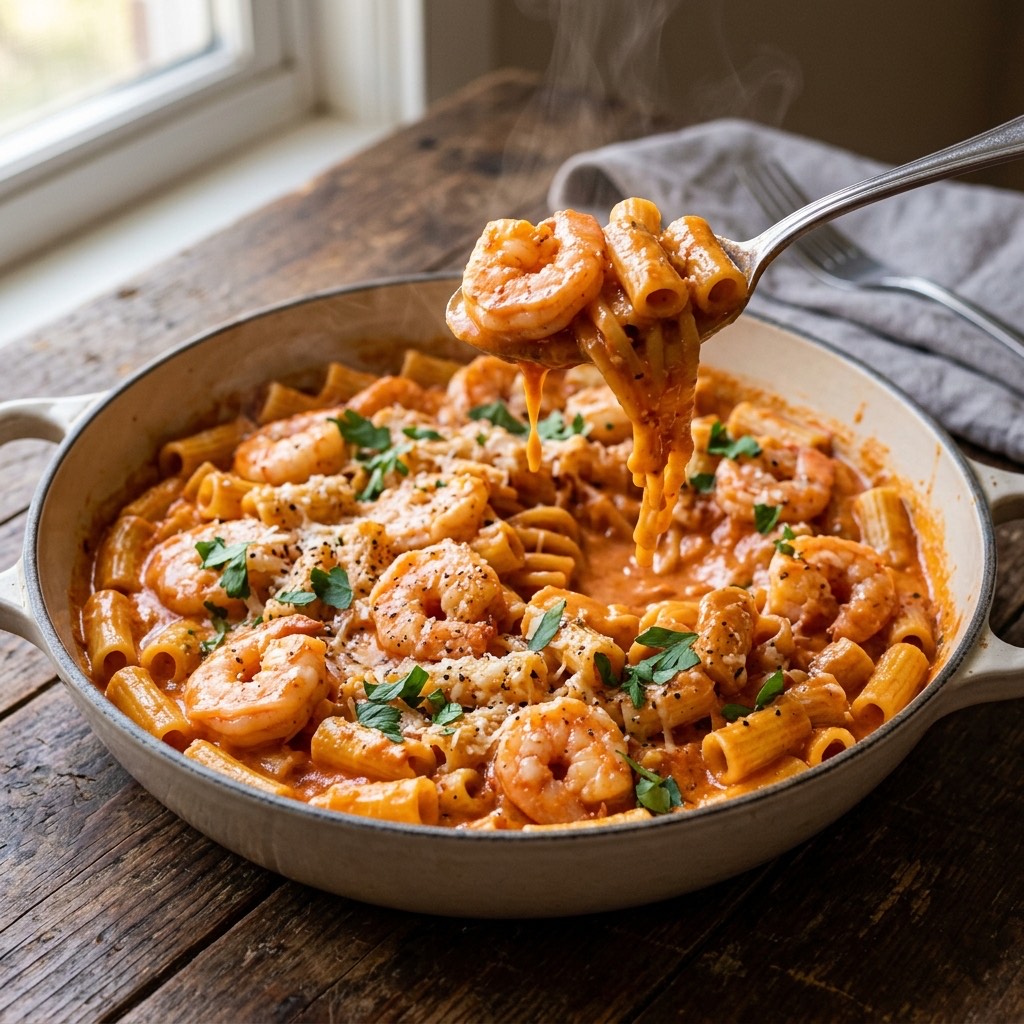 Creamy tomato shrimp pasta in a skillet with grated cheese, black pepper, and fresh parsley