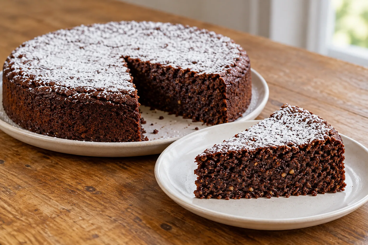 Torta caprese al cioccolato e mandorle con zucchero a velo e una fetta tagliata