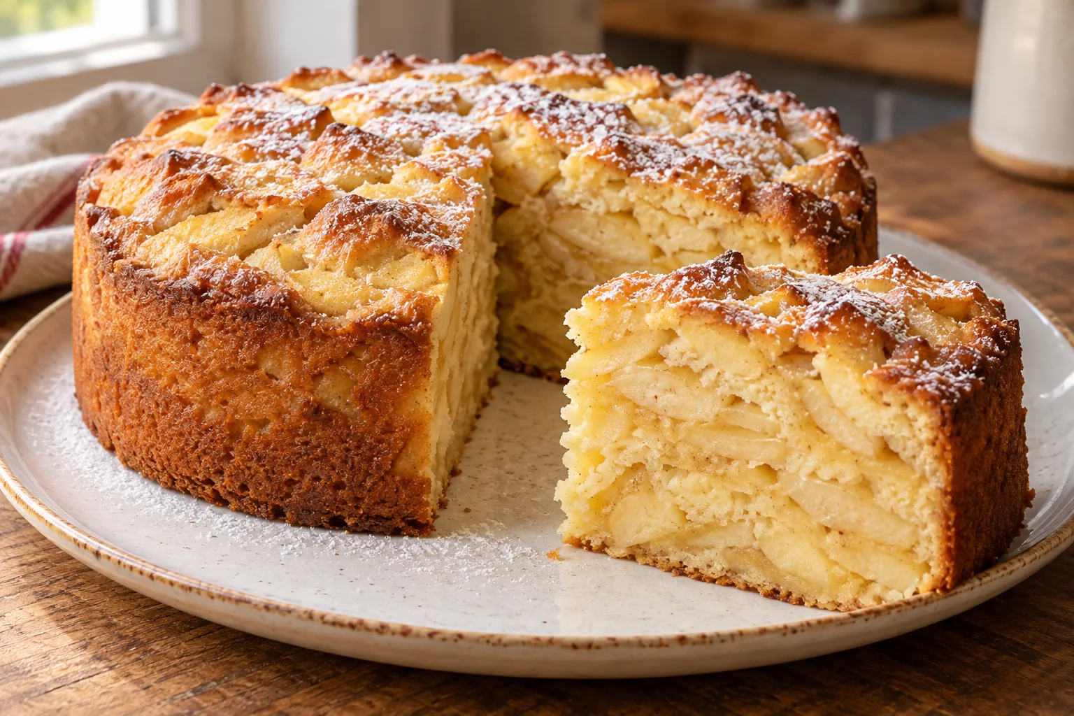 Torta di mele rotonda con una fetta che mostra le mele nella mollica e zucchero a velo