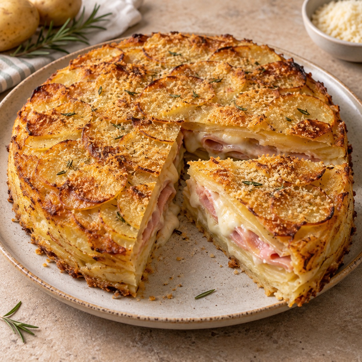 Torta salata di patate dorata con una fetta tagliata che mostra prosciutto cotto e mozzarella