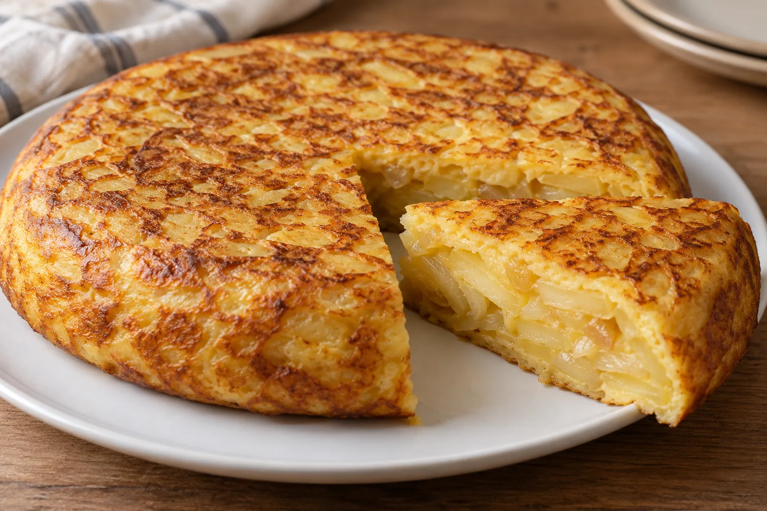 Tortilla española dorada de patatas y cebolla, con una porción cortada que muestra las capas de patata