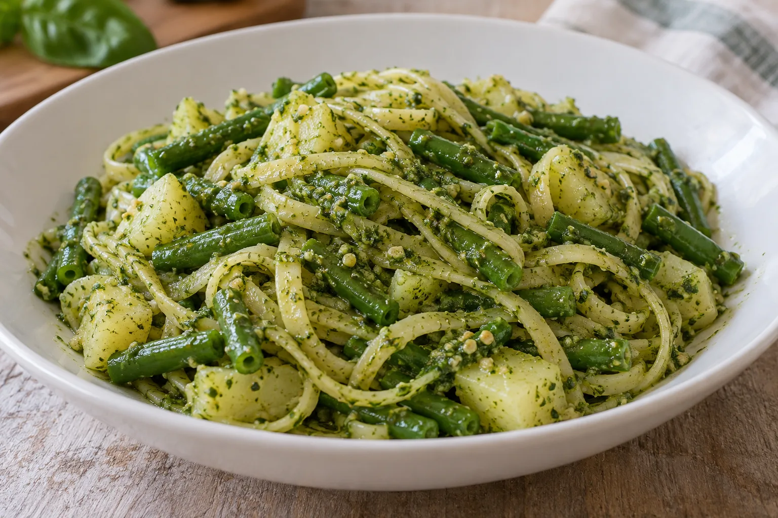 Trenette al pesto verde con fagiolini e cubetti di patate in un piatto