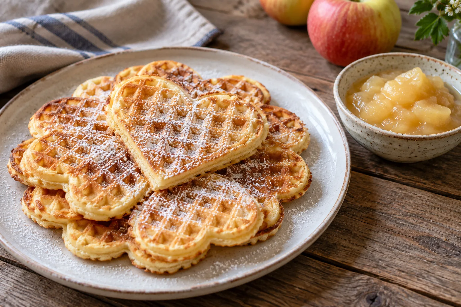 Goldbraune Waffeln mit Puderzucker und Apfelmus