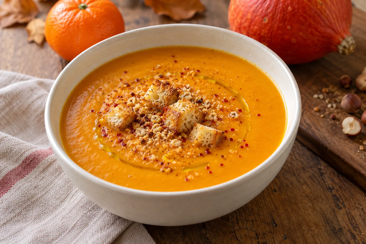 Velouté orange de potimarron et clémentine garni de croûtons, noisettes en poudre et huile d’olive